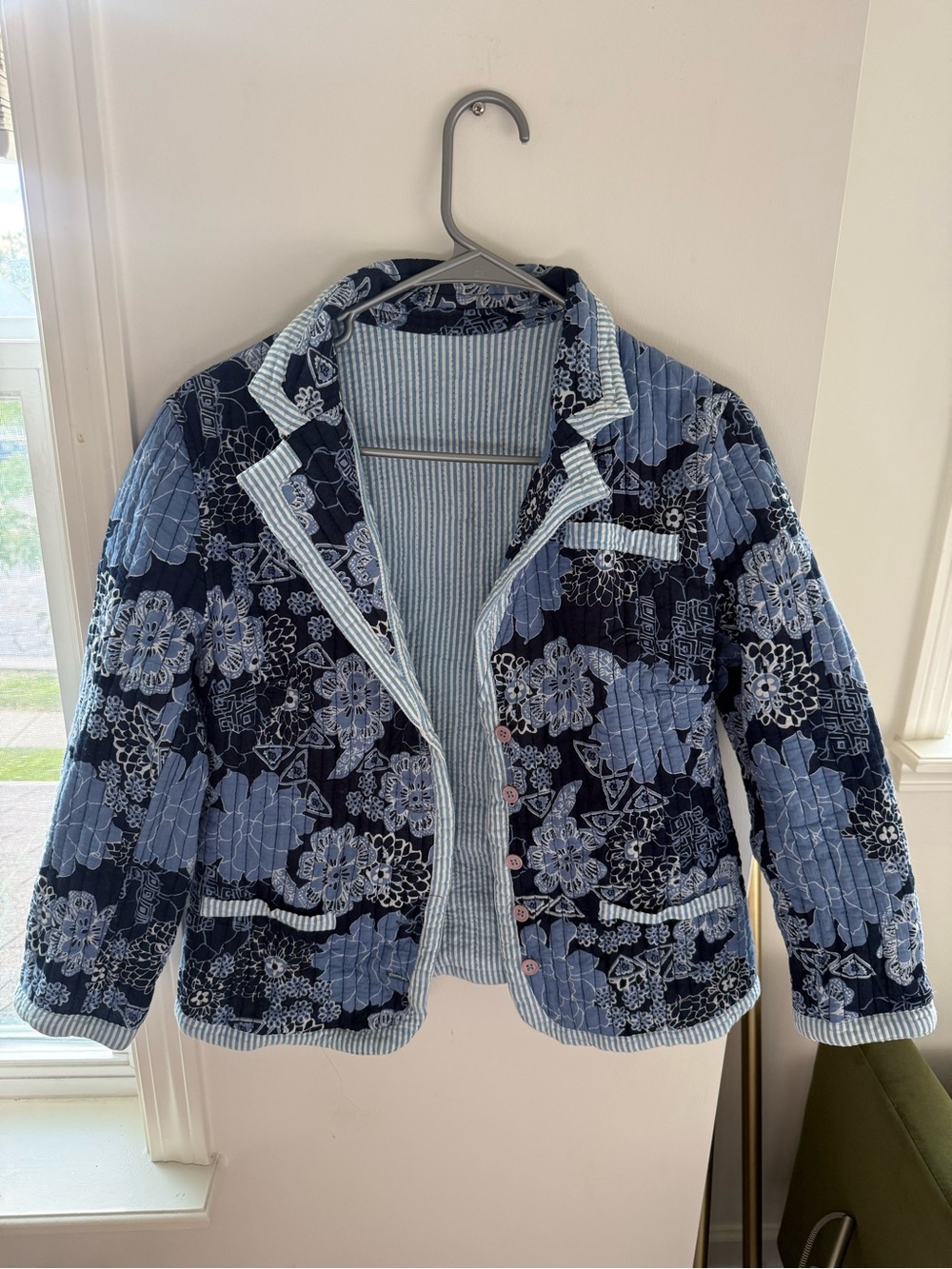 Reversible Navy Floral Quilted Jacket with Contrast Trim